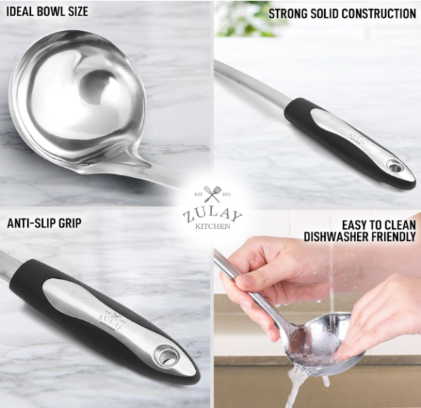 Stainless Steel Soup Ladle Silver Black-12" - Image 2
